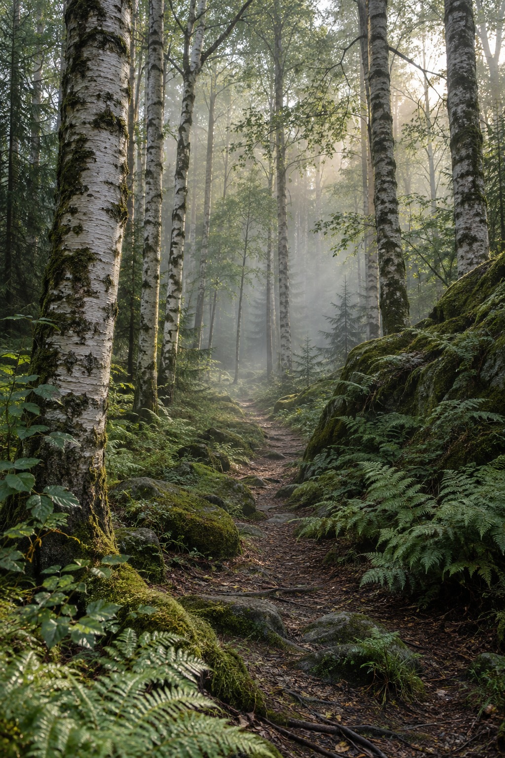 A narrow path between birch trees in a misty green woodland.