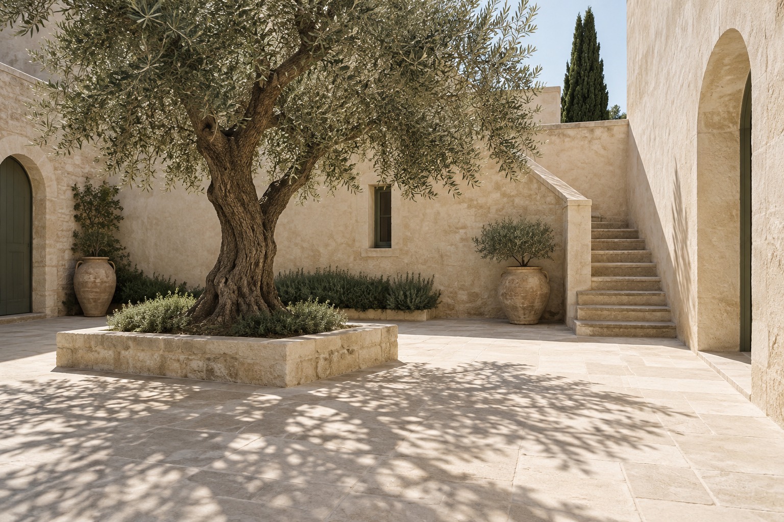 An olive tree casting patterned shade across a pale stone courtyard.